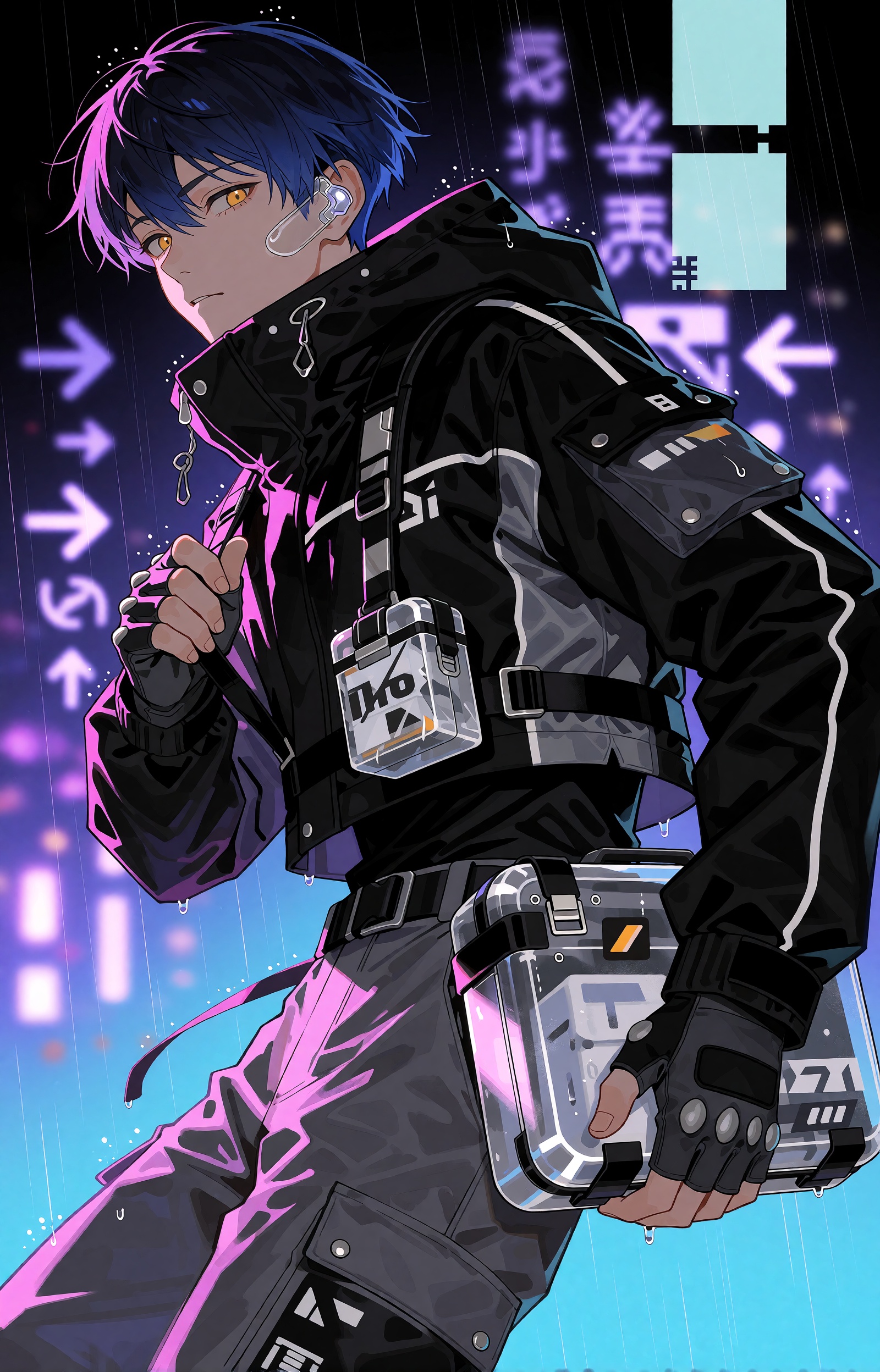 SUBJECT : A lean ***** courier with short cobalt-black hair,  sharp amber eyes and a tired but focused expression,  rainwa...