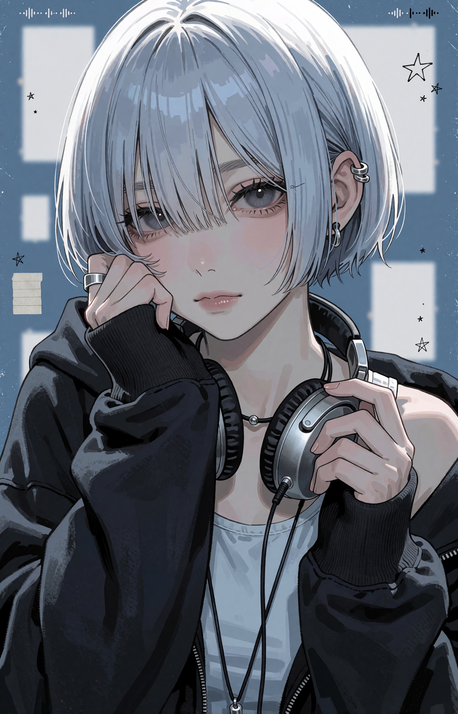 SUBJECT : An ***** woman with a short silver-blue bob,  smoky grey eyes and a tired but peaceful expression,  loose bangs...