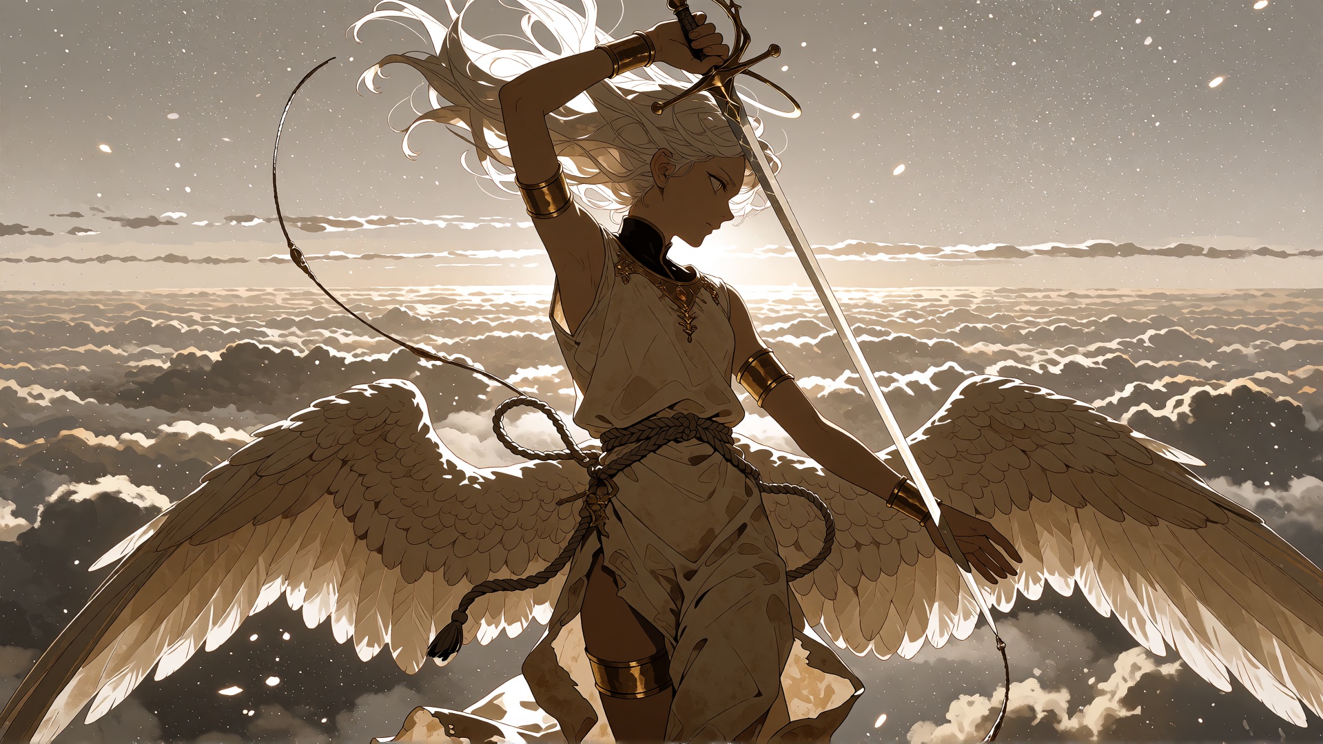 SUBJECT: A young seraph-duelist personifying the last hour of daylight,  suspended mid-descent above a sea of clouds. Thei...
