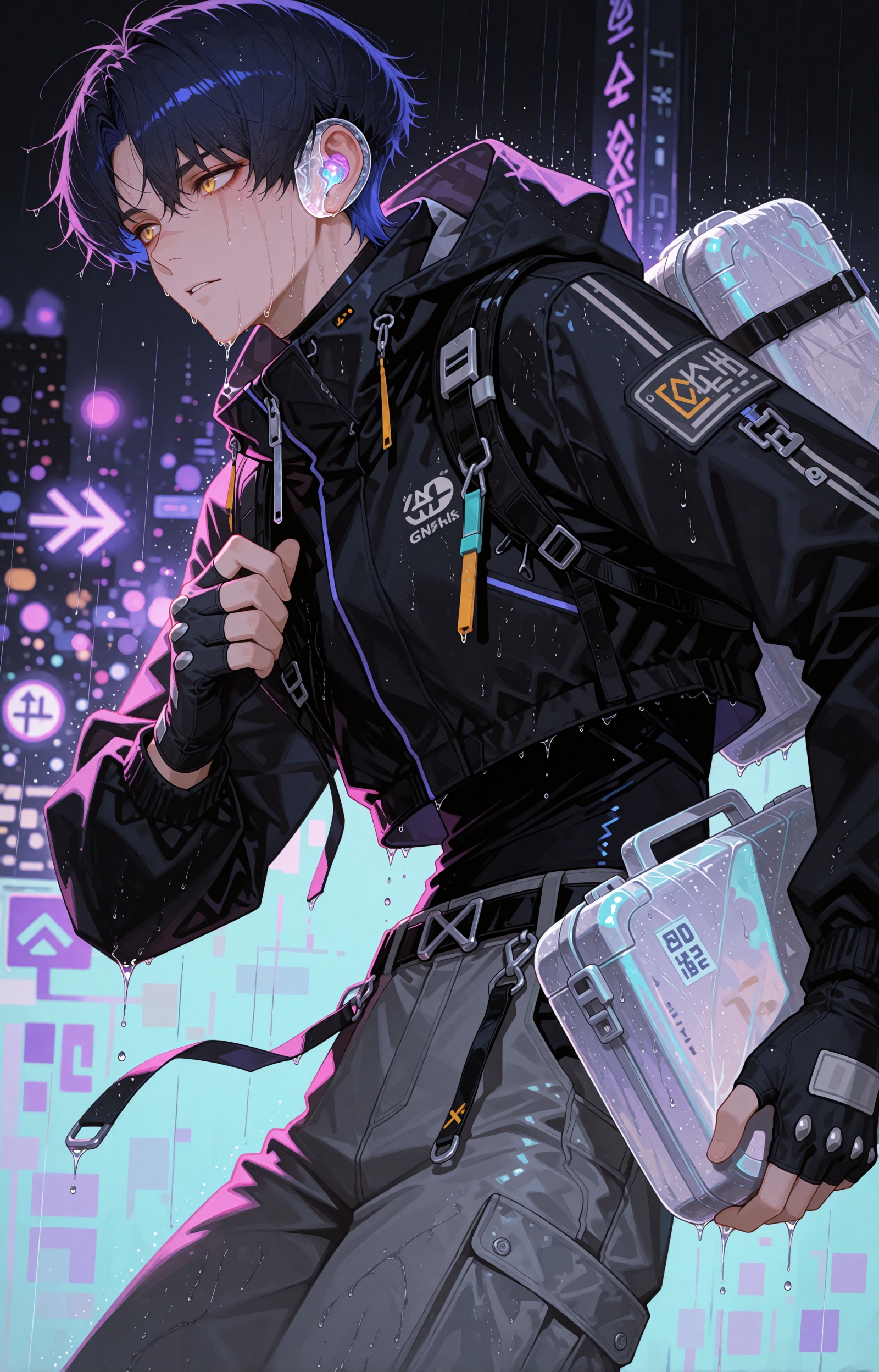 SUBJECT : A lean ***** courier with short cobalt-black hair,  sharp amber eyes and a tired but focused expression,  rainwa...