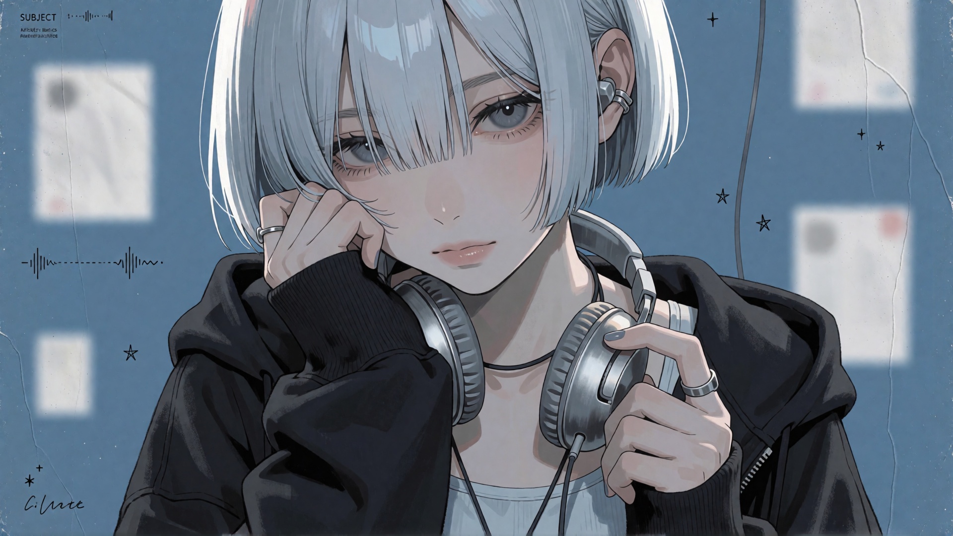 SUBJECT : An ***** woman with a short silver-blue bob,  smoky grey eyes and a tired but peaceful expression,  loose bangs...