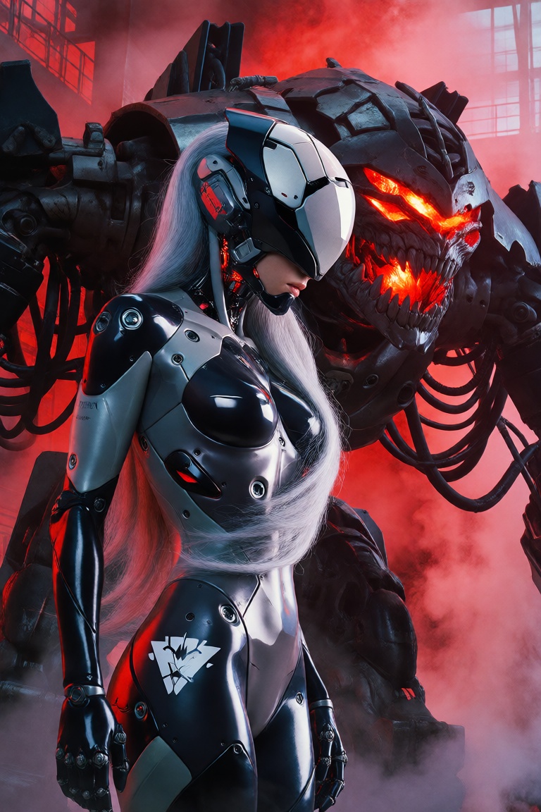 Photograph of a sleek,  cybernetic woman standing in a profile view next to a massive,  monstrous mechanical exoskeleton i...