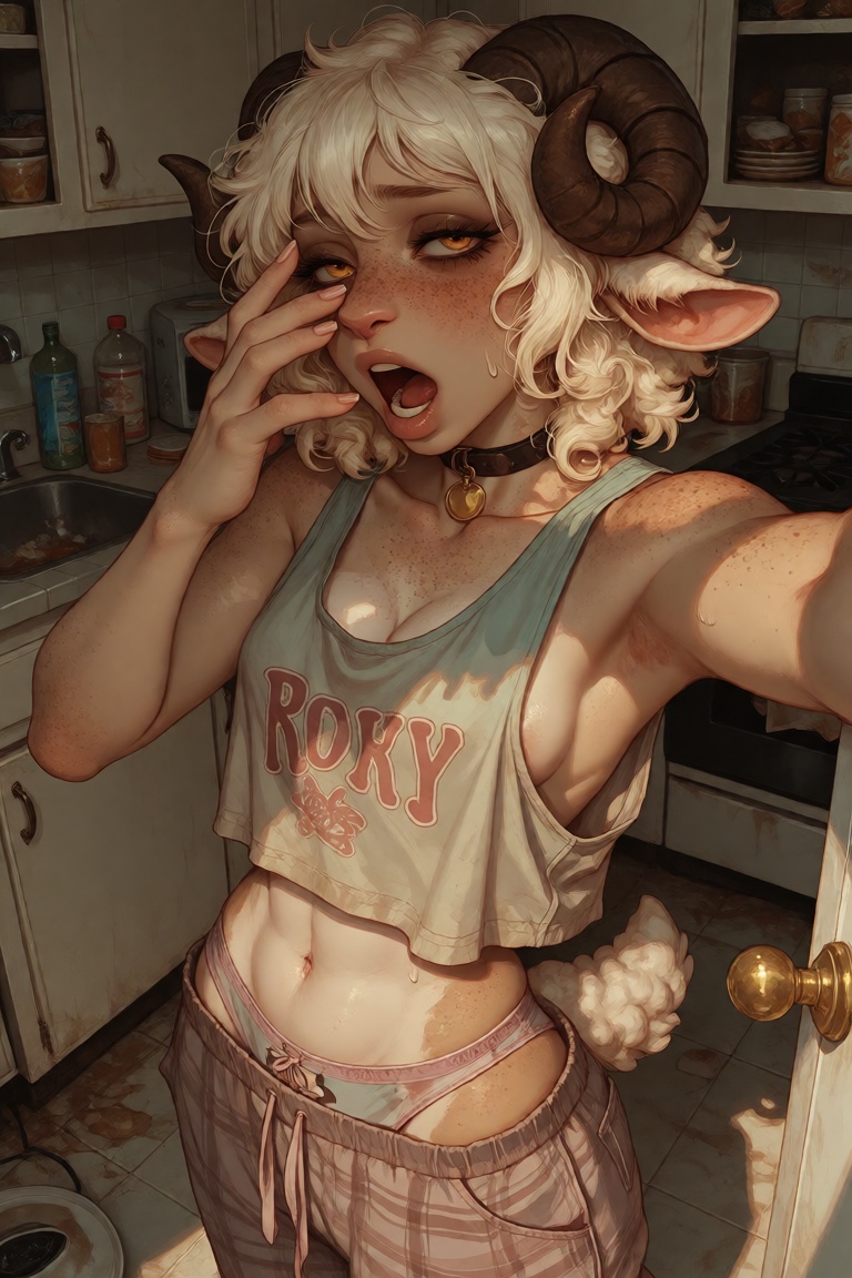 solo ***** anthro sheep woman,  waist-up composition,  slight top-down angle on Tensor.Art
