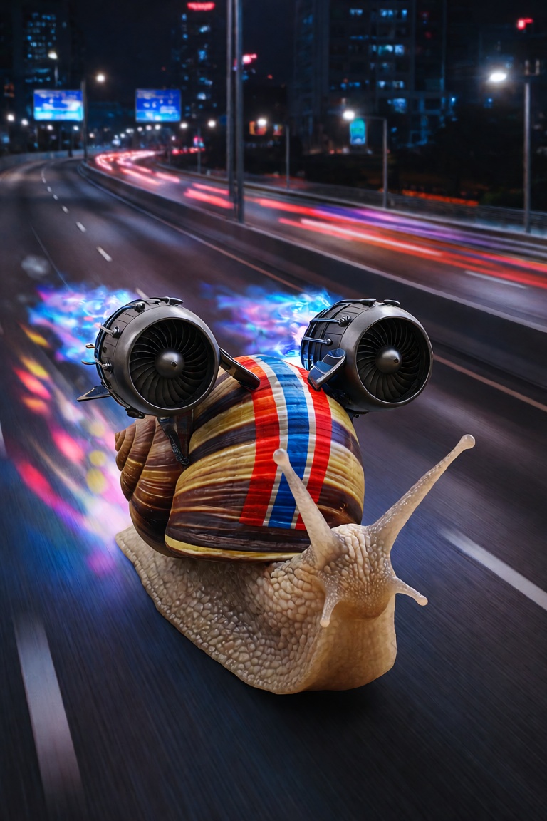 A snail racing though an empty city highway at night,  it's shell is painted with rally stripes similar to a racecar,  att...