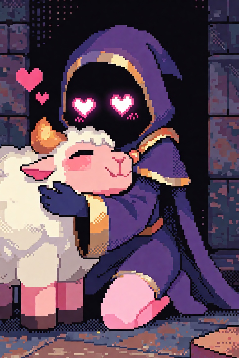 (pixel_art),  dark hooded digital face,  glowing pixel heart eyes only on Tensor.Art