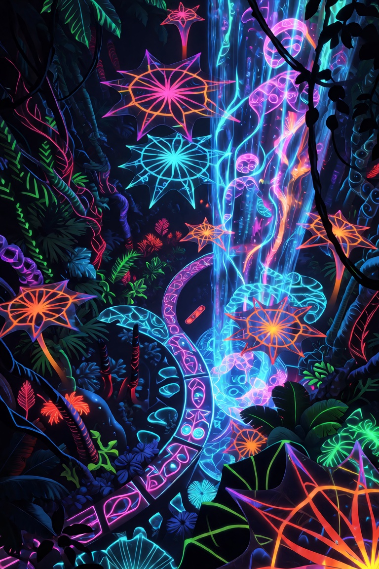 Neon jungle seen from above,  fire in the eternal night,  built from futuristic nano leaf glass on Tensor.Art