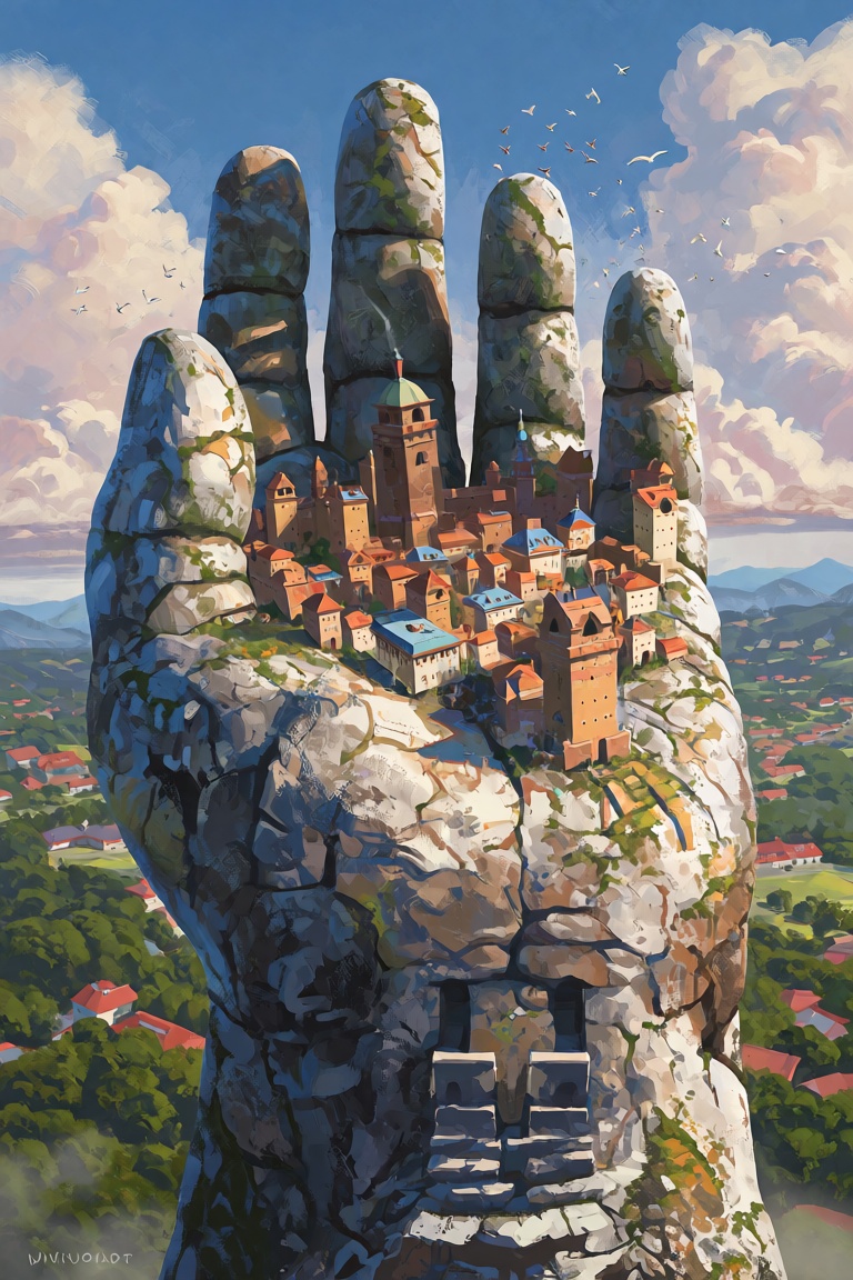 a city built on a (LAR-STAT hand) cliff outcrop shaped rock with a distant lush landscape background on Tensor.Art