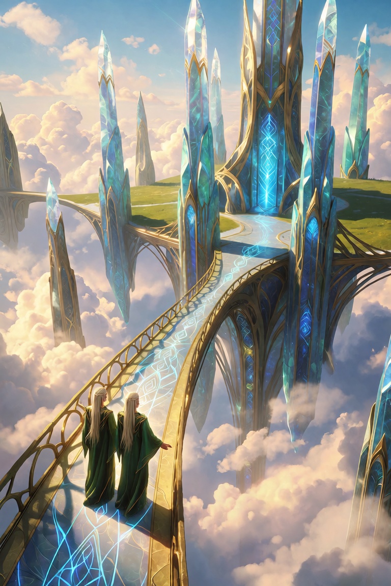 a wide aerial view of a floating elven city in the sky,  with two elven figures walking side by side across a glowing skyb...