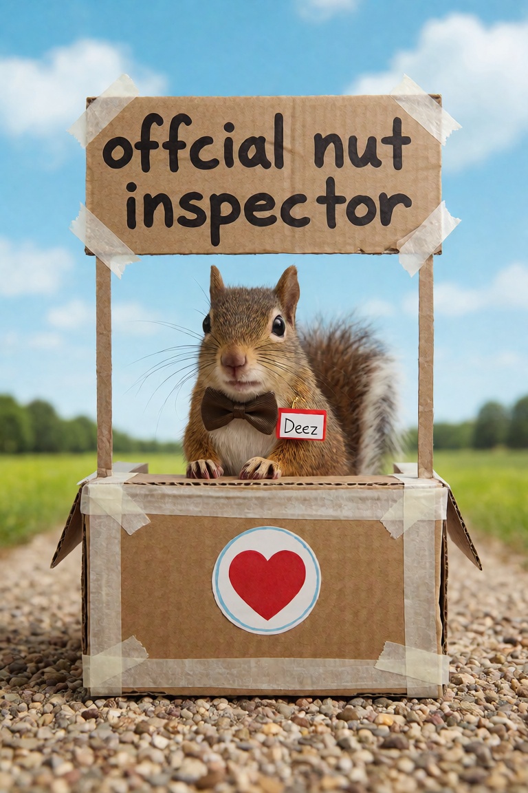 A squirrel inside a child made tiny roadside stand made from cardboard and tape with the words "offcial nut inspector" on...