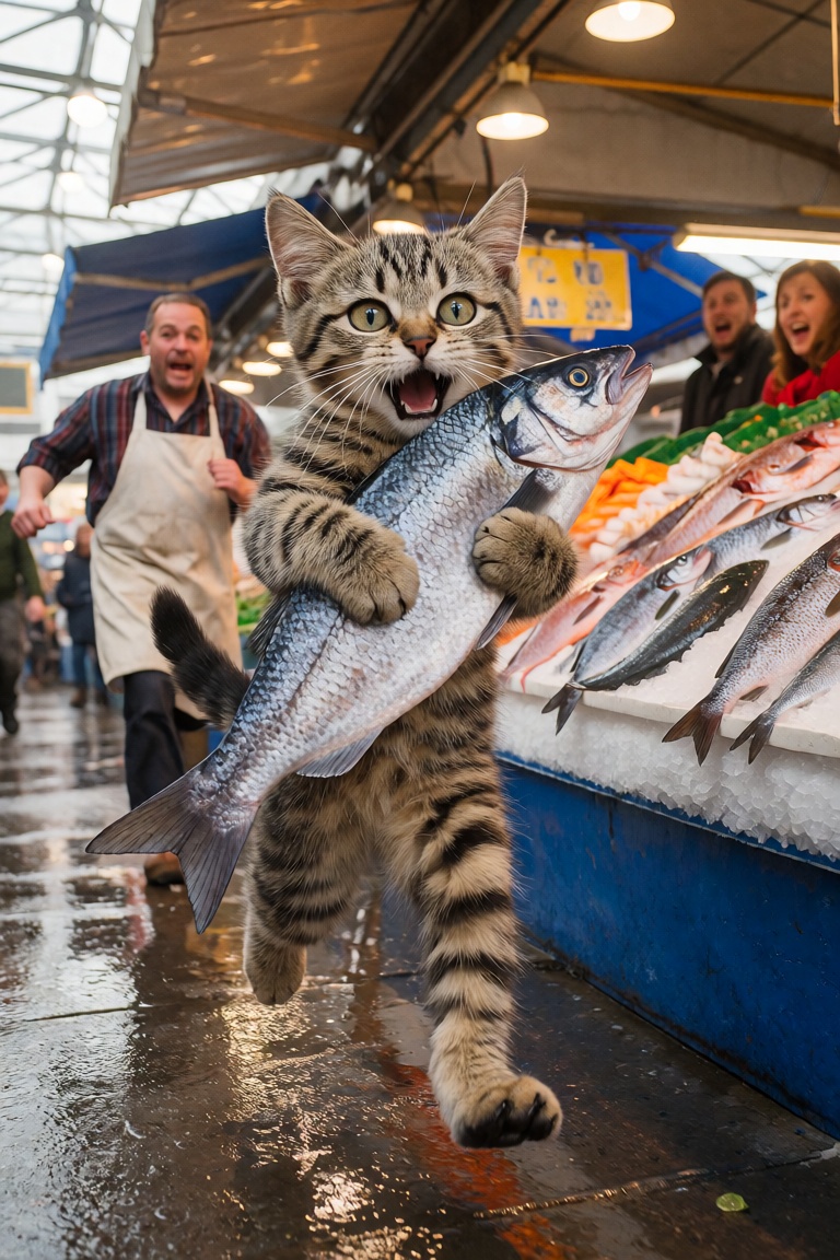 A photorealistic,  ultra detailed,  humorous scene on a bustling dutch street market. A small young tabby cat anthropomorp...