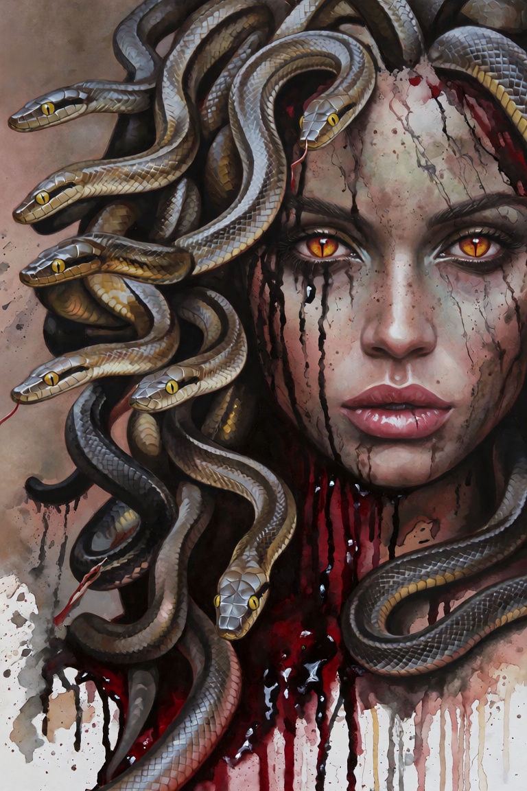 A woman with Medusa-like snakes for hair,  close-up 1/2 cropped face portrait. Hyperrealistic style,  with painterly on Te...