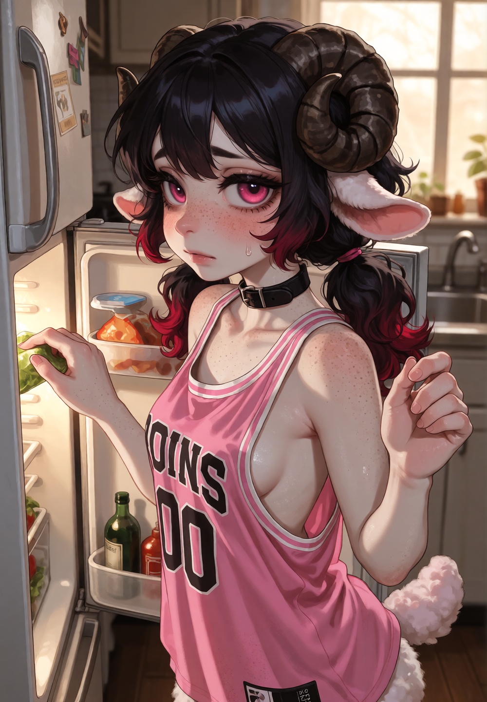 Side view,  viewed from the side,  A medium close-up shot depicts a young furless (skin-only) anthro sheep woman (freckled...