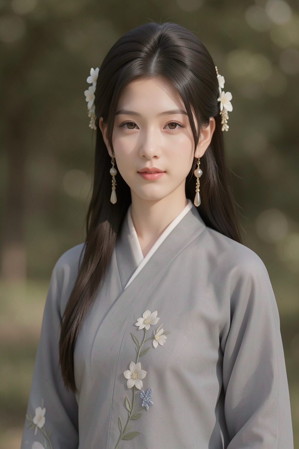 创作一幅身着传统中国服饰的年轻女子肖像,  以一件美丽的蓝色汉服为特色。汉服上应绣有精致的白色和浅蓝色花卉图案,  层叠的面料垂坠感极佳。她乌黑的长发盘成优雅的发髻 on Tensor.Art