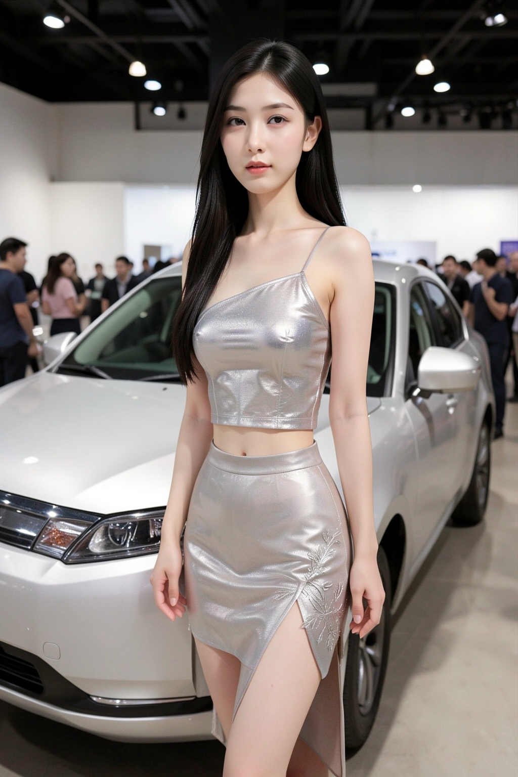 The image depicts a young Asian woman standing in front of a silver car at an indoor auto show. She has long,  straight bl...