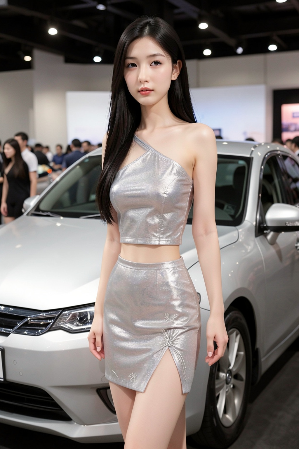 The image depicts a young Asian woman standing in front of a silver car at an indoor auto show. She has long,  straight bl...
