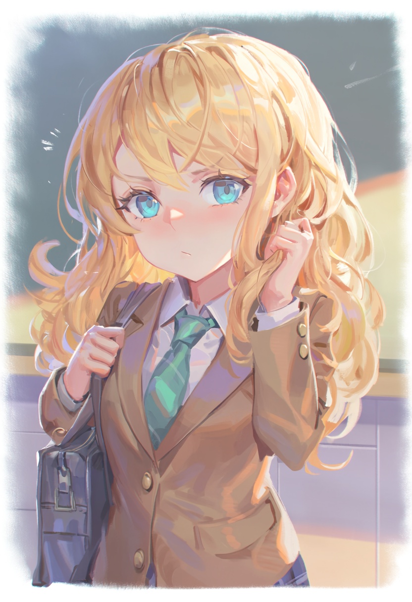 @LLAlphonse,  1girl with blonde hair and blue eyes in a cute solo pose,  looking directly at the viewer. She is wearing a...