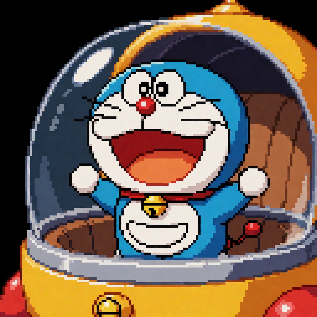 create doramon in time travel machine with pixel 16 bit style on Tensor.Art