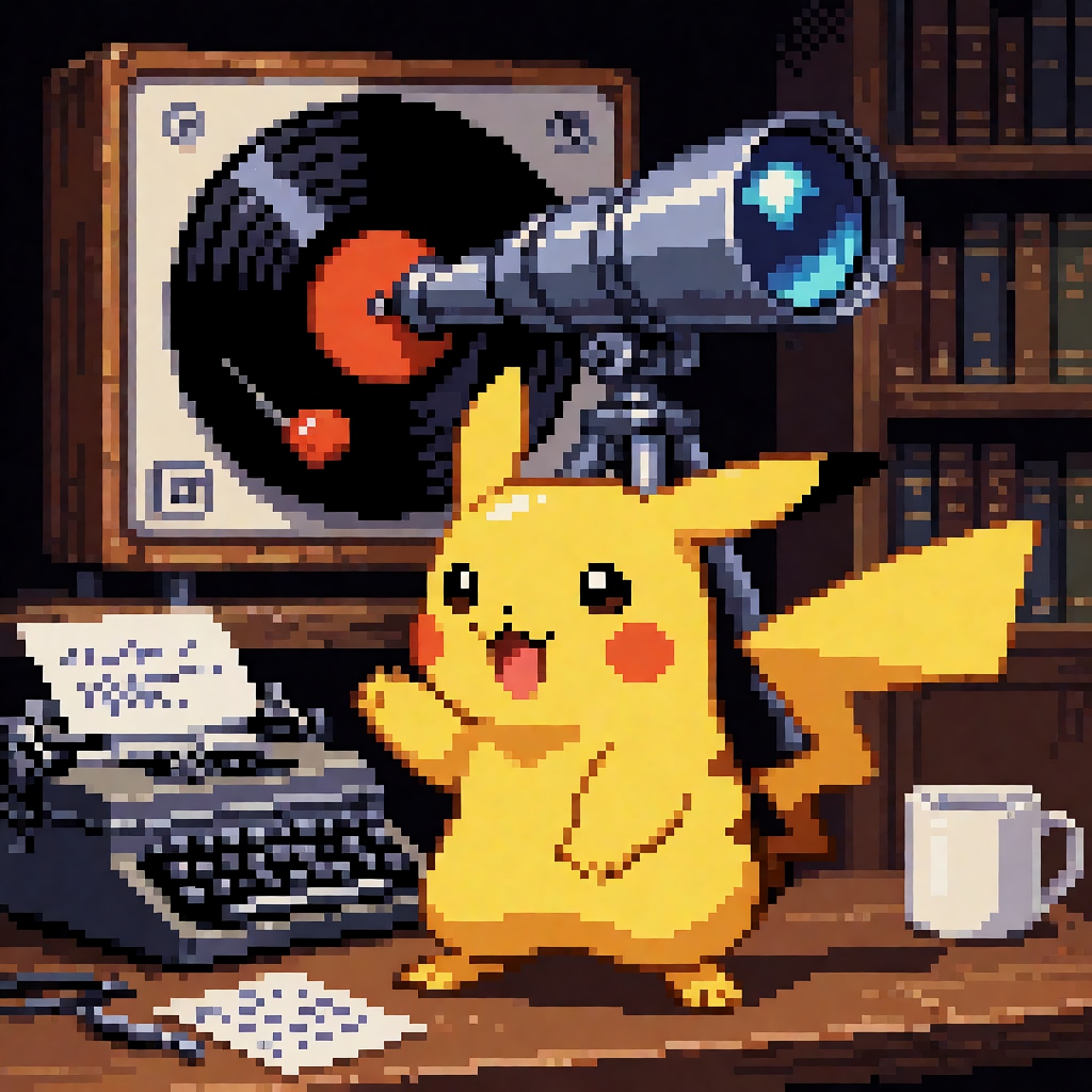 Create a retro pixel art scene featuring Pikachu from a classic Pokémon game. Incorporate elements like a telescopic view...