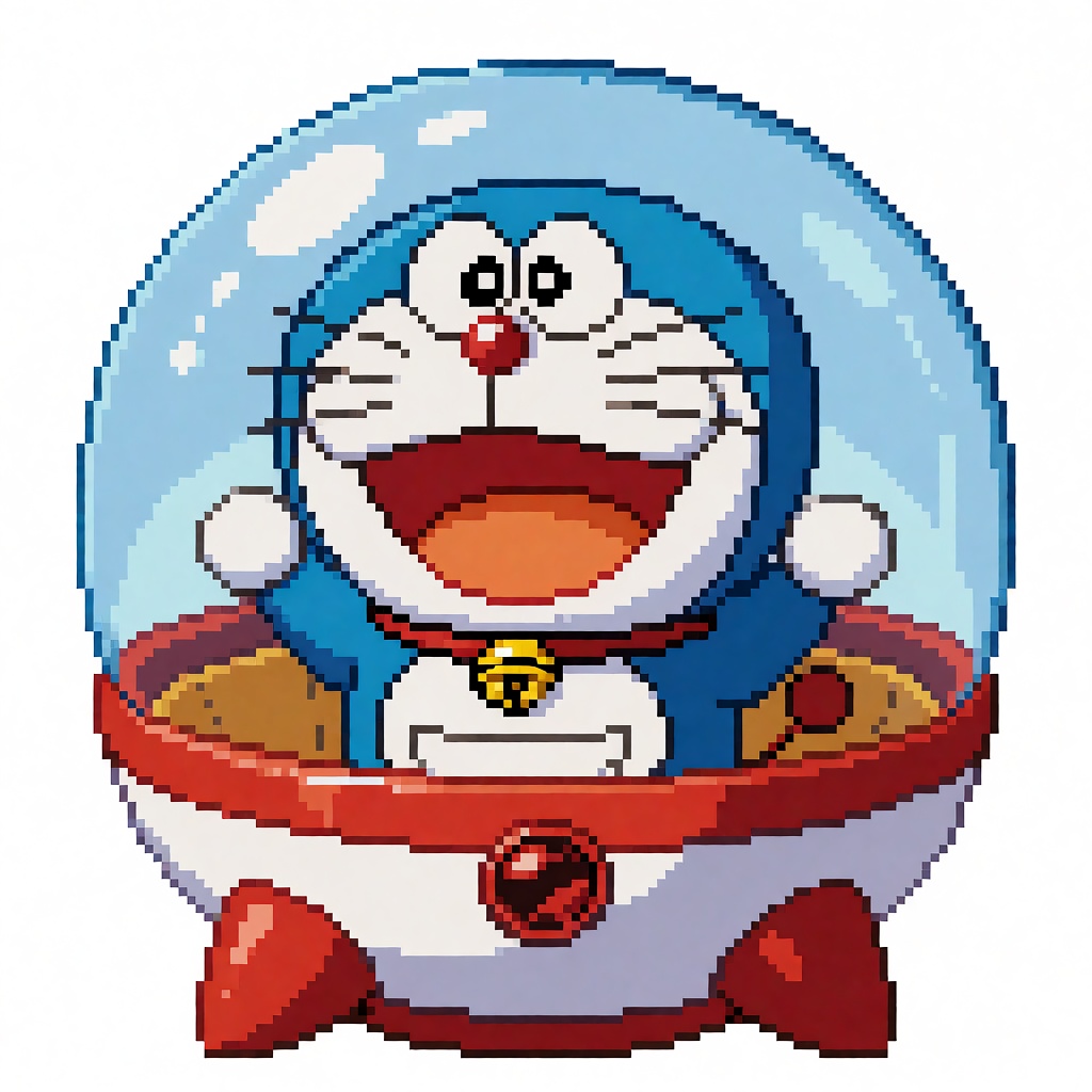 create doramon in time travel machine with pixel 16 bit style on Tensor.Art