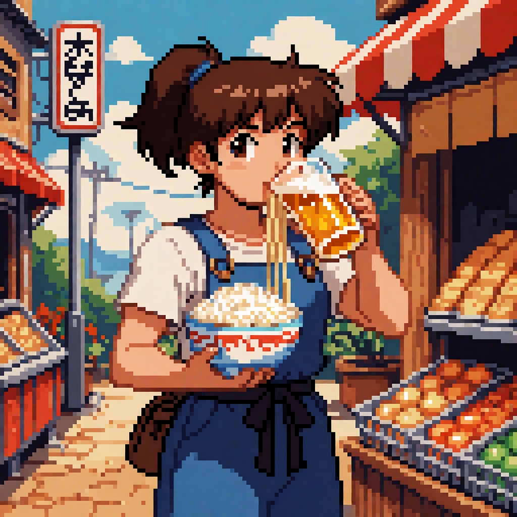 Create a retro game asset with a 16-bit pixel art style featuring a character holding rice and noodles,  sipping beer,  an...