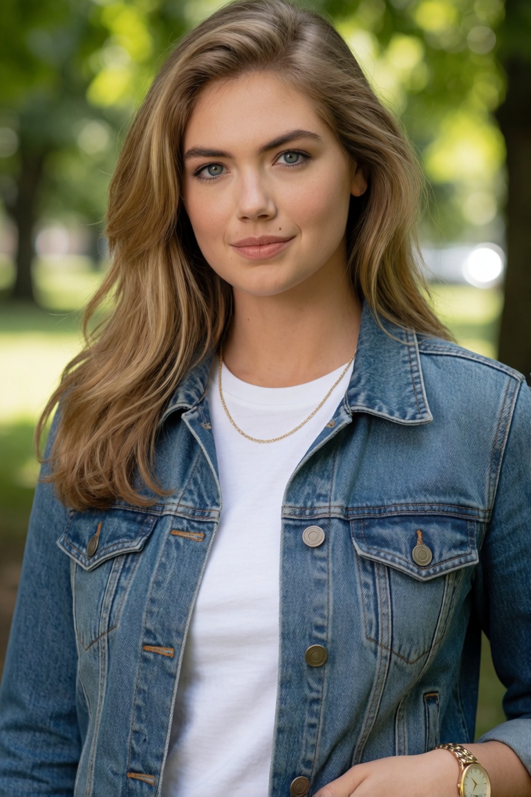 Professional editorial portrait photograph taken during an outdoor photoshoot in a park. Captured with a full-frame camera...