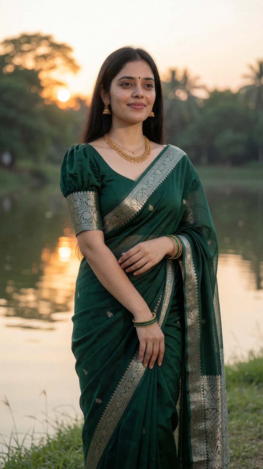*Simple saree prompt* 💝 Ultra-realistic full-body portrait of a young Indian woman in a deep emerald-green saree with an...