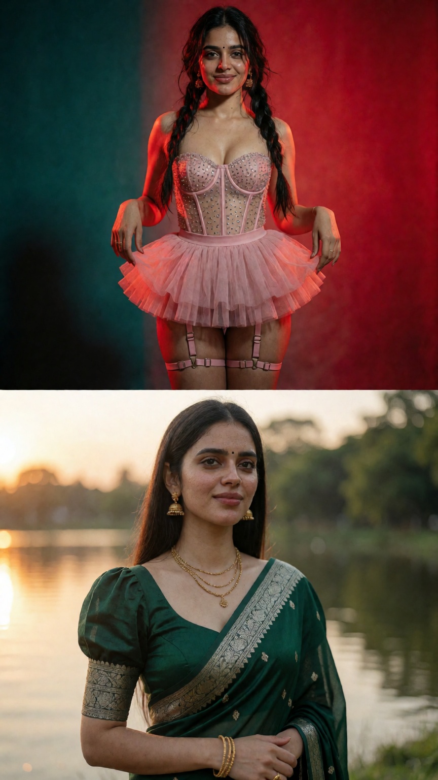 Create a photorealistic image of an Indian woman with an innocent yet mischievous smile,  posing confidently against a sat...