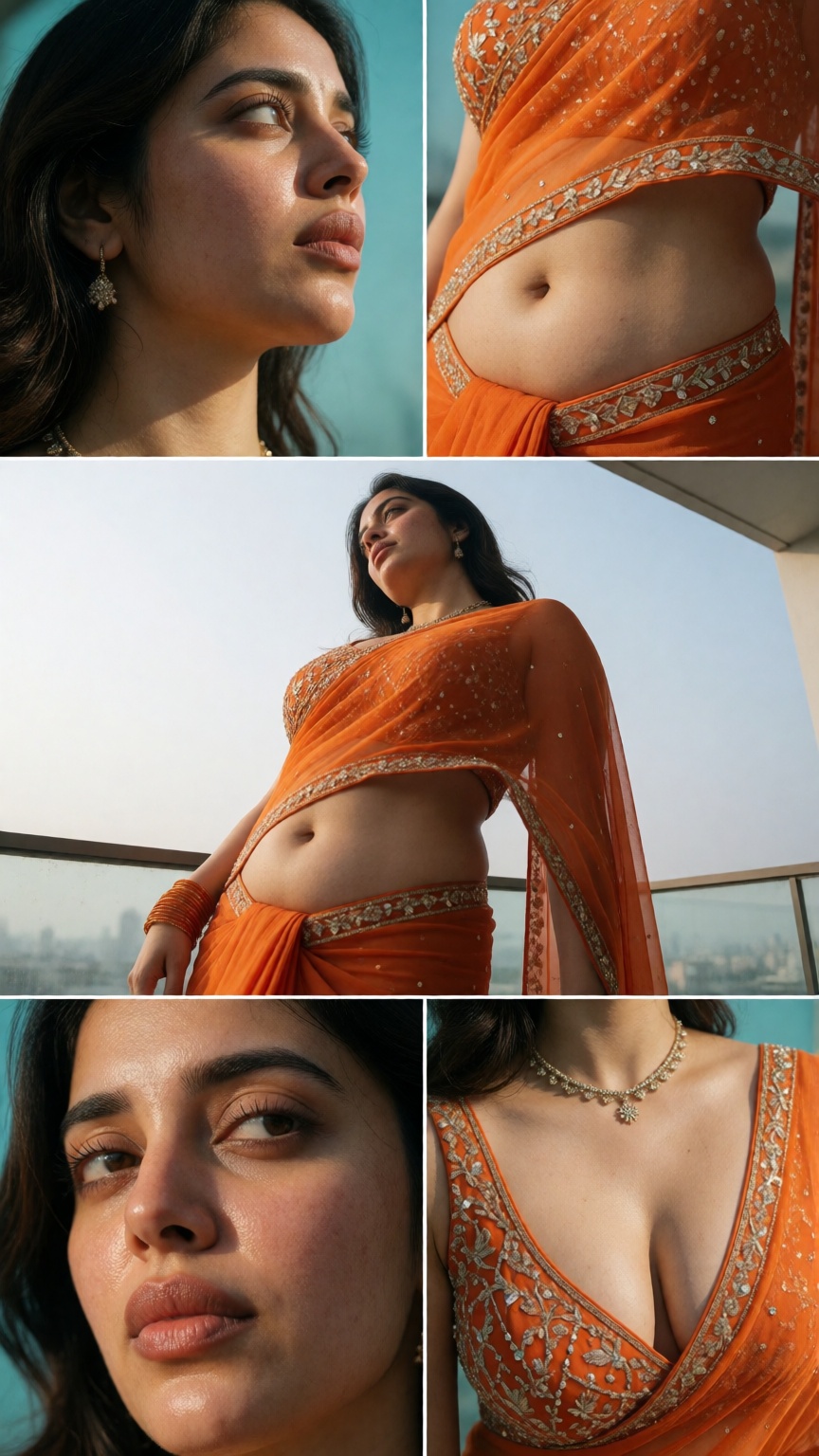 Cinematic photograph of a young South Asian woman with bend forward a side her midriff exposed navel show,  fair skin and...