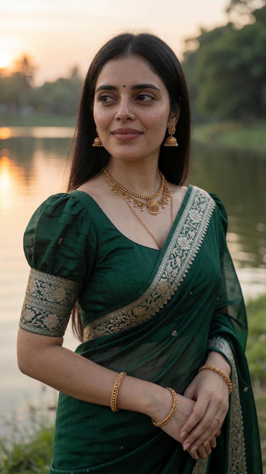 Ultra-realistic face close up portrait of a young Indian woman in a deep emerald-green saree with an elegant antique-silve...