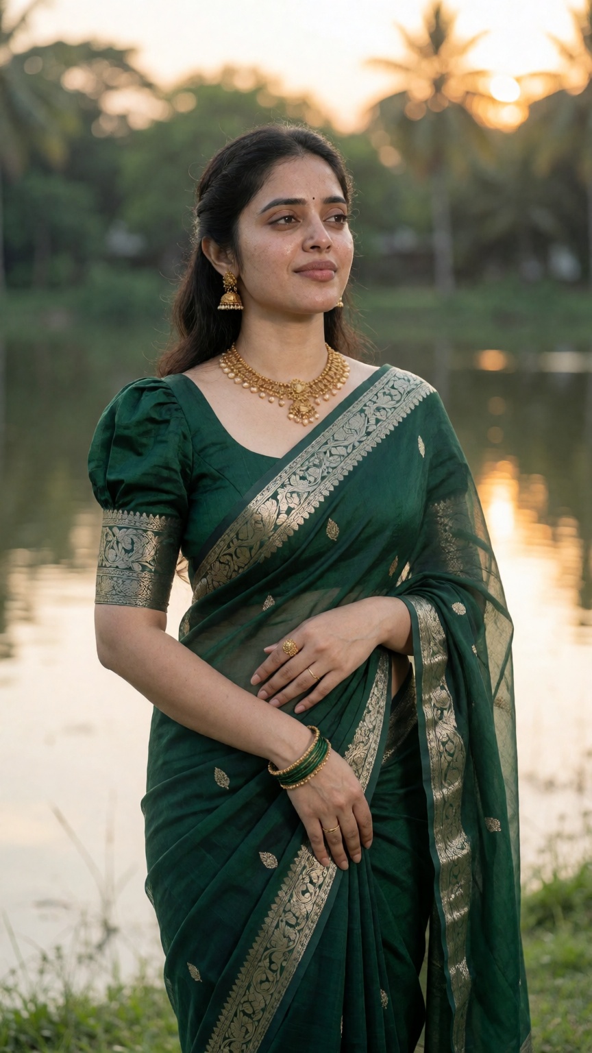 *Simple saree prompt* 💝 Ultra-realistic full-body portrait of a young Indian woman in a deep emerald-green saree with an...