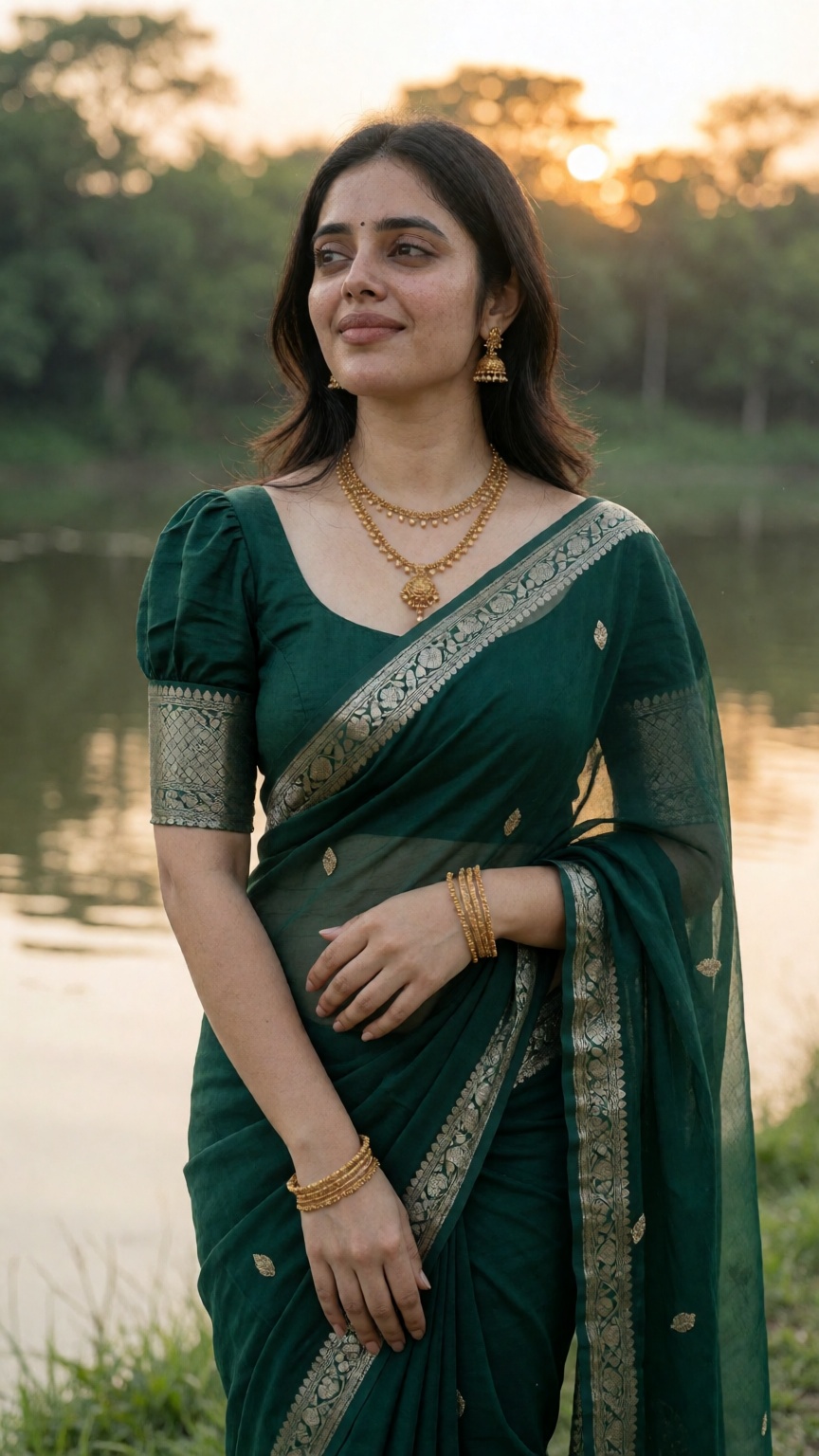 *Simple saree prompt* 💝 Ultra-realistic full-body portrait of a young Indian woman in a deep emerald-green saree with an...