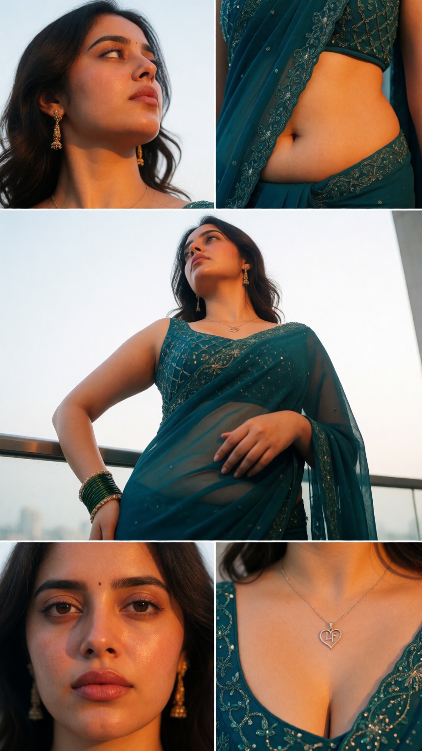 Cinematic photograph of a young South Asian woman with her midriff exposed and navel show,  fair skin,  and dark hip-lengt...