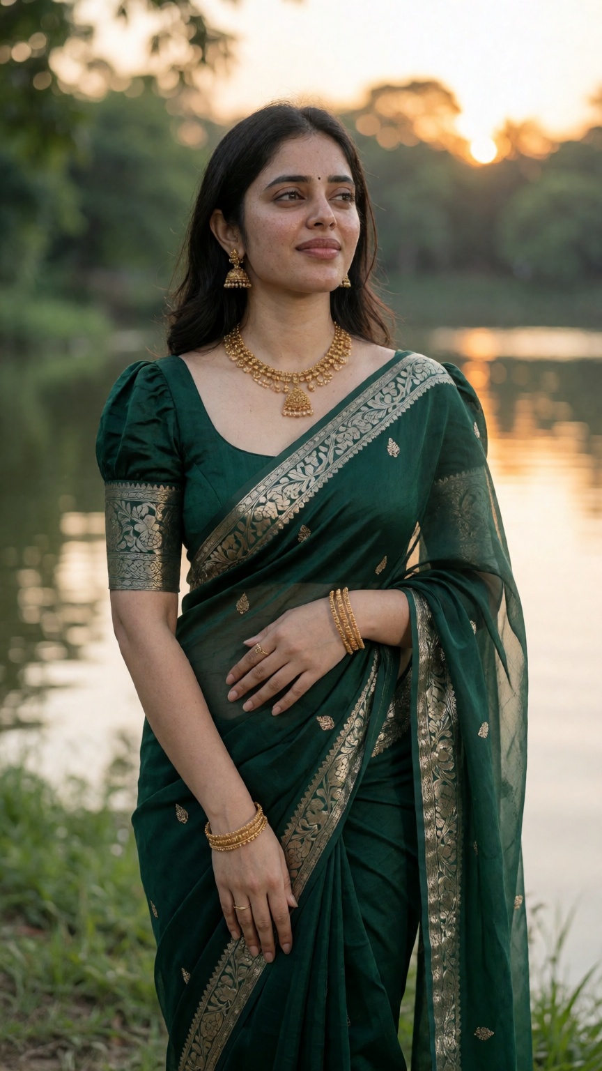 *Simple saree prompt* 💝 Ultra-realistic full-body portrait of a young Indian woman in a deep emerald-green saree with an...