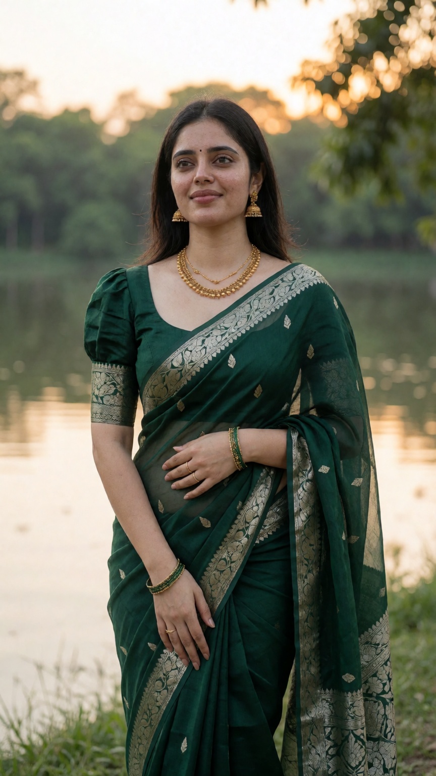 *Simple saree prompt* 💝 Ultra-realistic full-body portrait of a young Indian woman in a deep emerald-green saree with an...