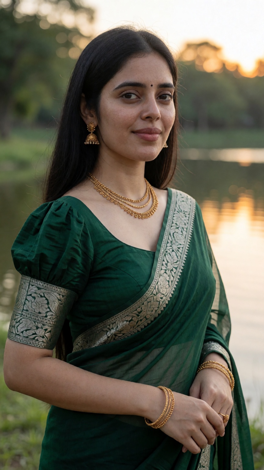 Ultra-realistic face close-up portrait of a young Indian woman in a deep emerald-green saree with an elegant antique-silve...