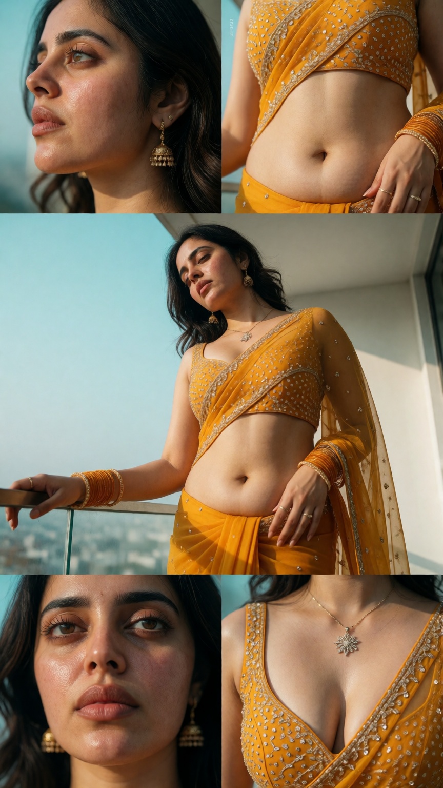 Cinematic photograph of a young South Asian woman with bend forward a side her midriff exposed navel show,  fair skin and...