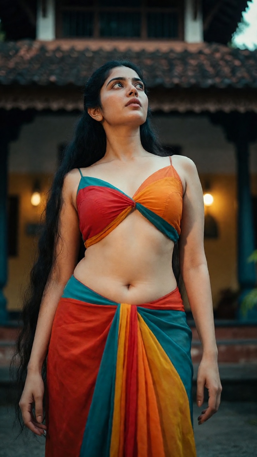 From ground level in a classic low-angle shot,  a woman,  look poses seductively outside an ornate Kerala traditional luxu...