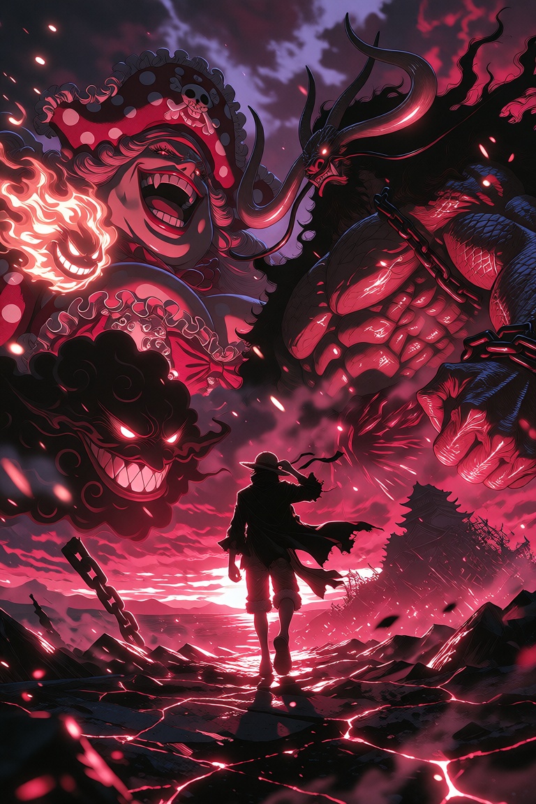 Epic low-angle,  rear-view cinematic wide shot of Monkey D. Luffy walking alone toward two colossal Emperors across a shat...