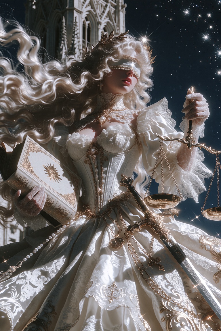 Three-quarter cinematic shot from a slightly low angle of a regal goddess of justice standing before a moonlit gothic cath...