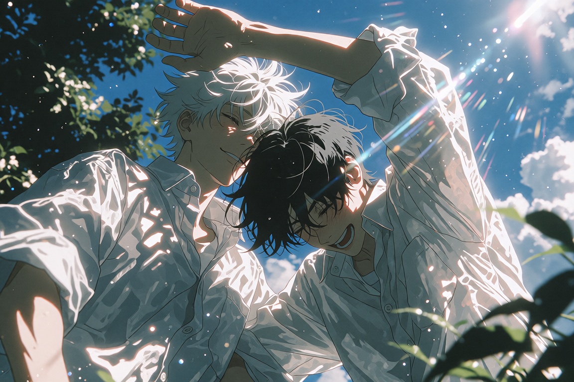 Extreme low-angle,  cinematic wide shot in letterboxed anime film framing,  looking up at two young men mid-motion beneath...