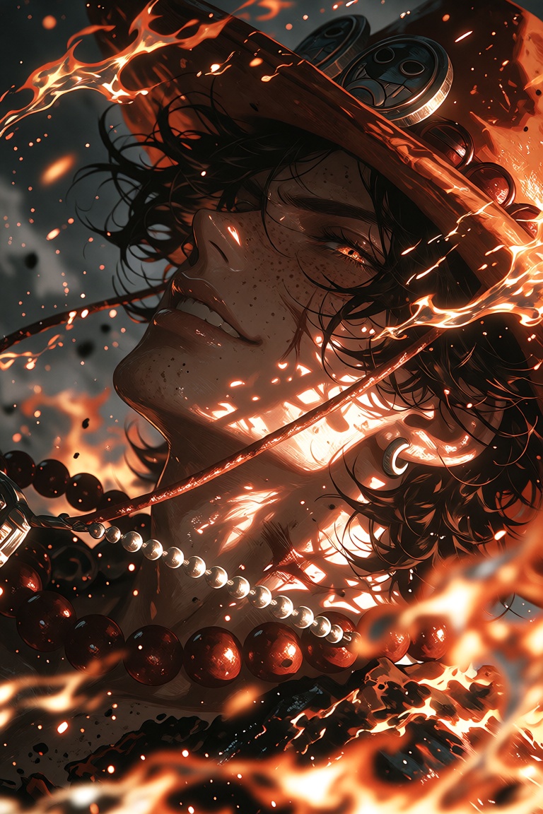 Extreme dynamic tilted Dutch-angle,  tight cinematic close-up profile shot of Portgas D. Ace from One Piece,  head thrown...