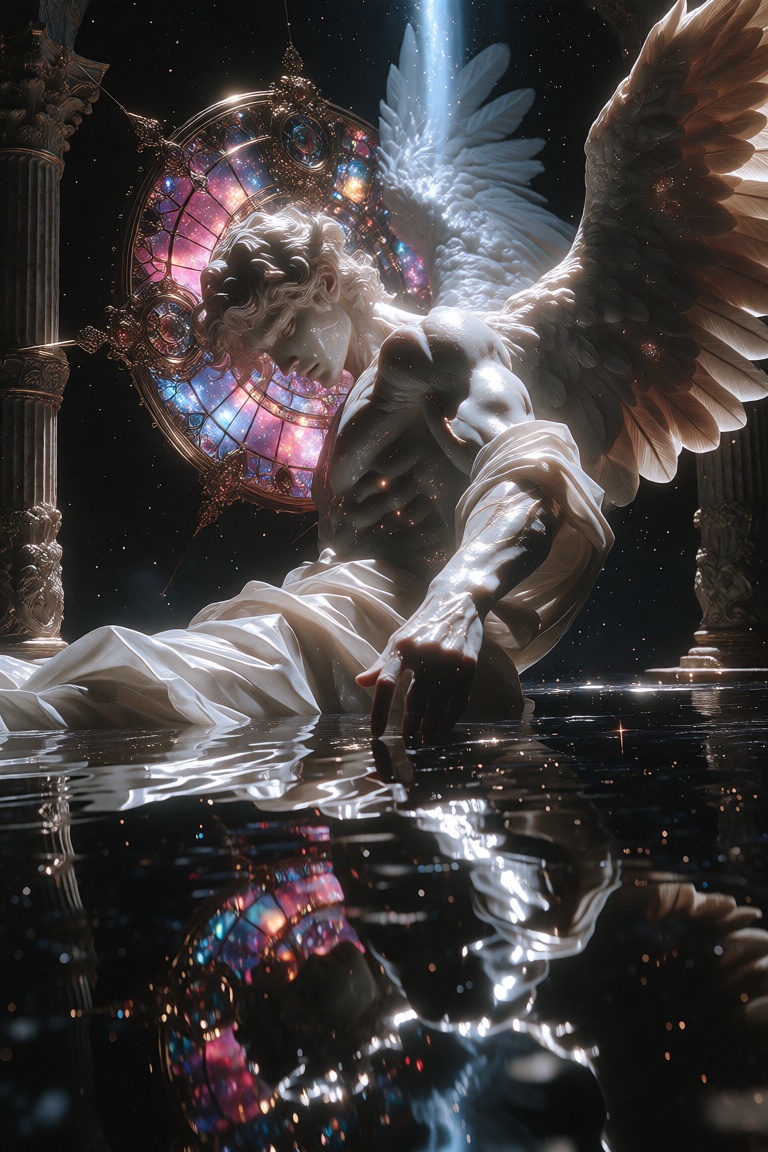 Extreme low-angle,  epic wide cinematic shot of a colossal celestial god-being towering over an endless dark cosmic temple...