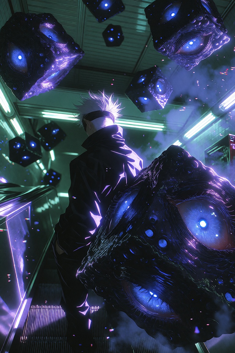 Dramatic extreme low-angle,  tilted Dutch-angle cinematic shot from below of Satoru Gojo from Jujutsu Kaisen seen from beh...
