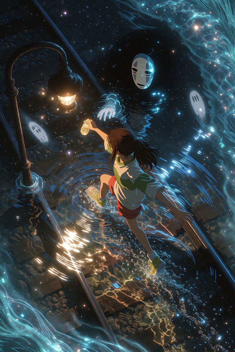 Dramatic top-down bird's-eye cinematic shot looking straight down at Chihiro from Spirited Away running through shallow wa...