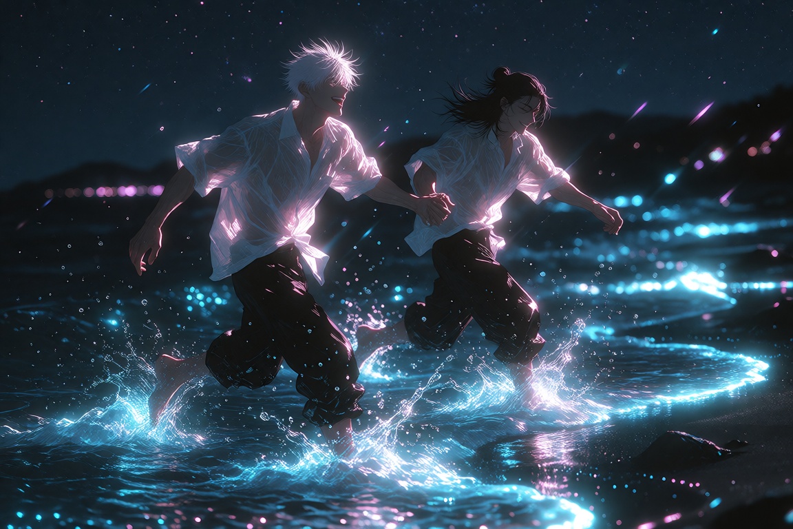 Emotional wide,  low-angle cinematic shot of two young men running side by side,  hand in hand on Tensor.Art