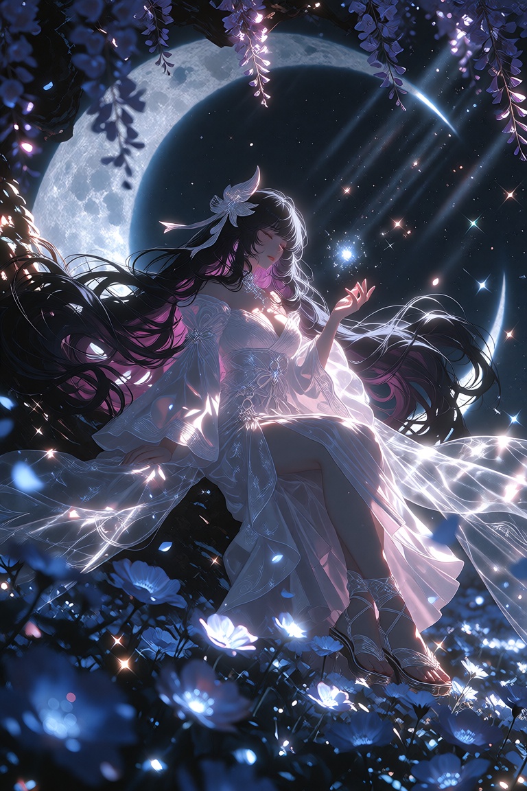 Elegant low-angle,  full-body cinematic wallpaper shot of Columbina Hyposelenia from Genshin Impact sitting gracefully on...