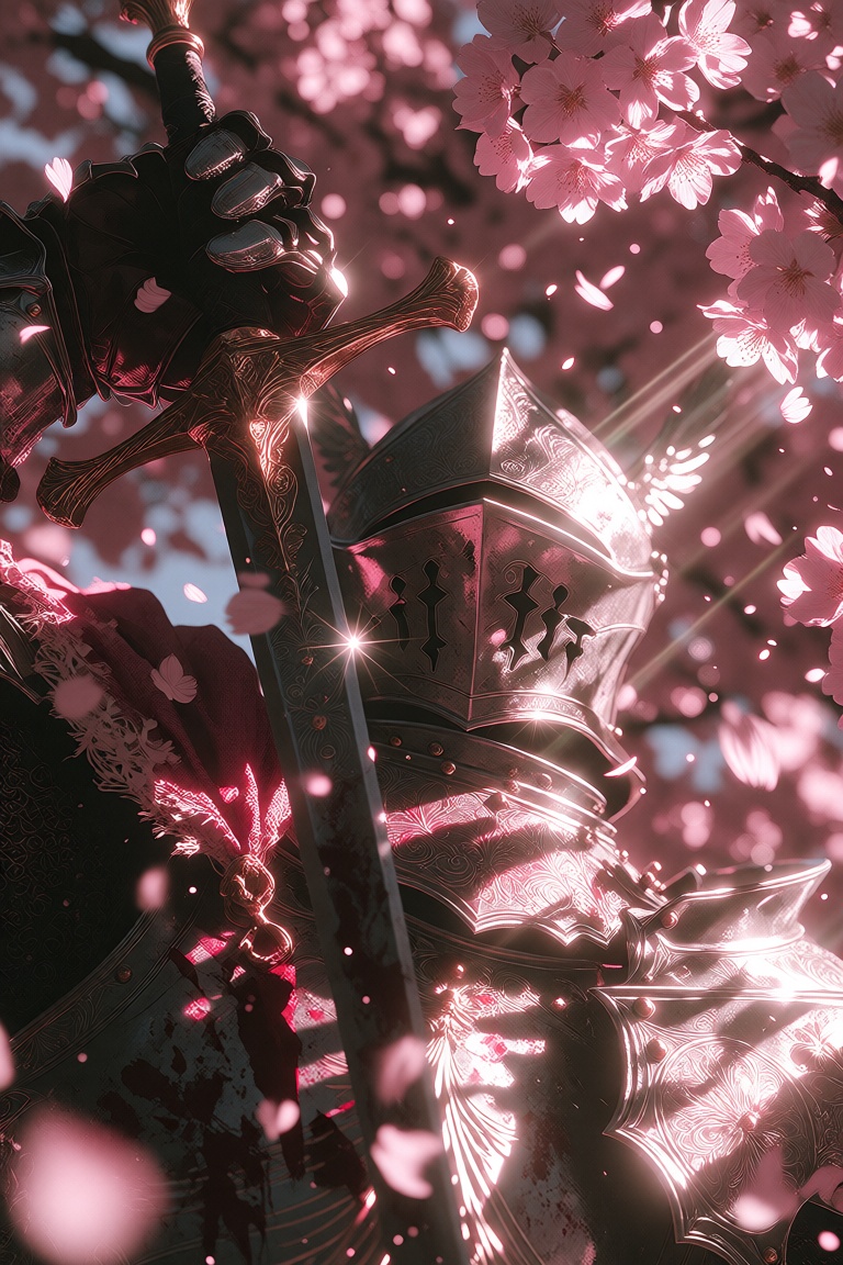 Dramatic low-angle,  tilted cinematic close-up of a lone armored knight from below,  one gauntleted fist raised high gripp...