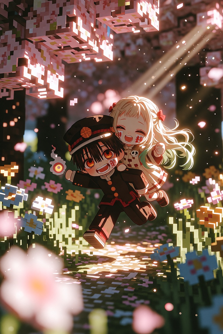Dreamy eye-level cinematic shot inside a Minecraft-inspired voxel cherry blossom forest,  Hanako-kun from Toilet-Bound Han...