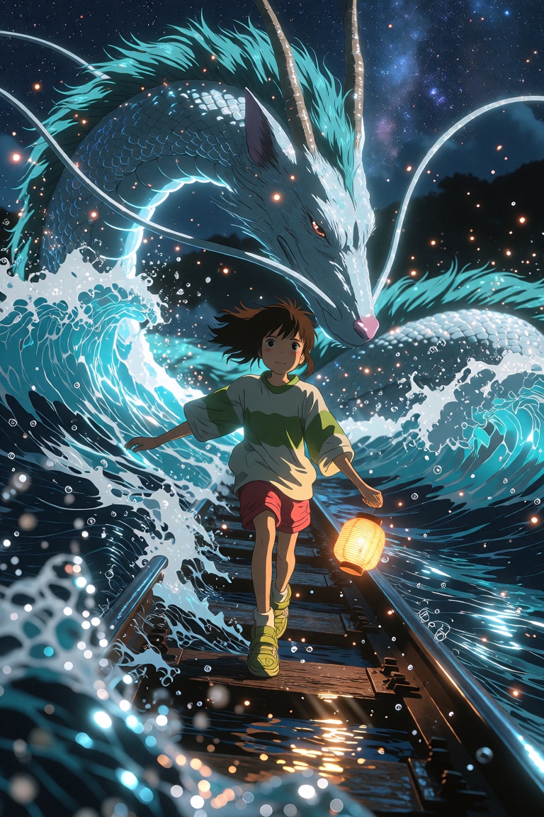 Ultra-wide,  low-angle cinematic hero shot with dramatic depth and a slightly tilted dynamic horizon,  Chihiro from Spirit...