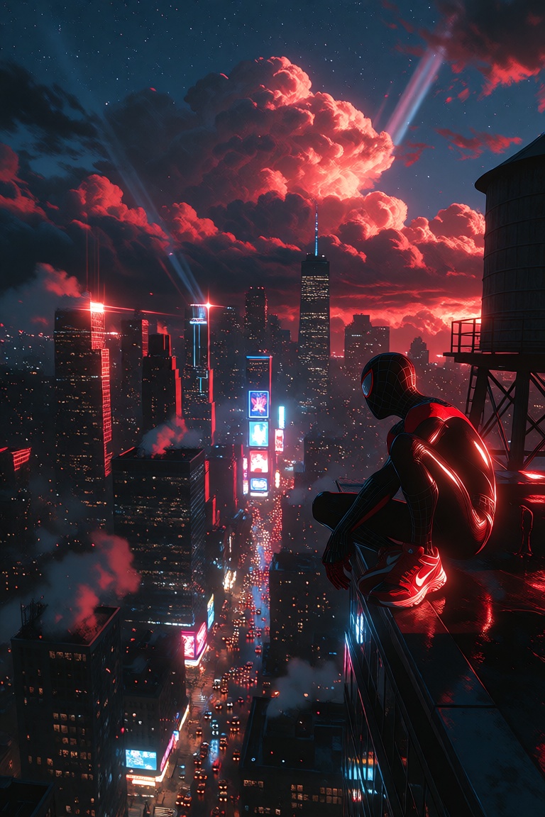Vertical ultra-wide cinematic establishing shot from a high rooftop vantage point,  Miles Morales as Spider-Man in his bla...